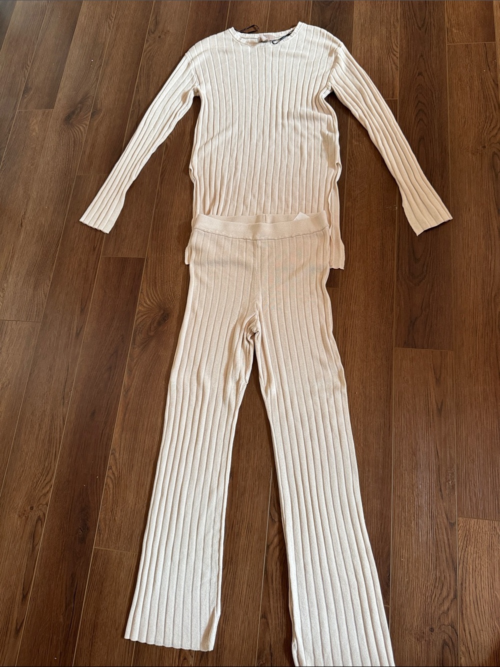 H&M Cream Ribbed Knit Top and Pants Set  - Size Medium